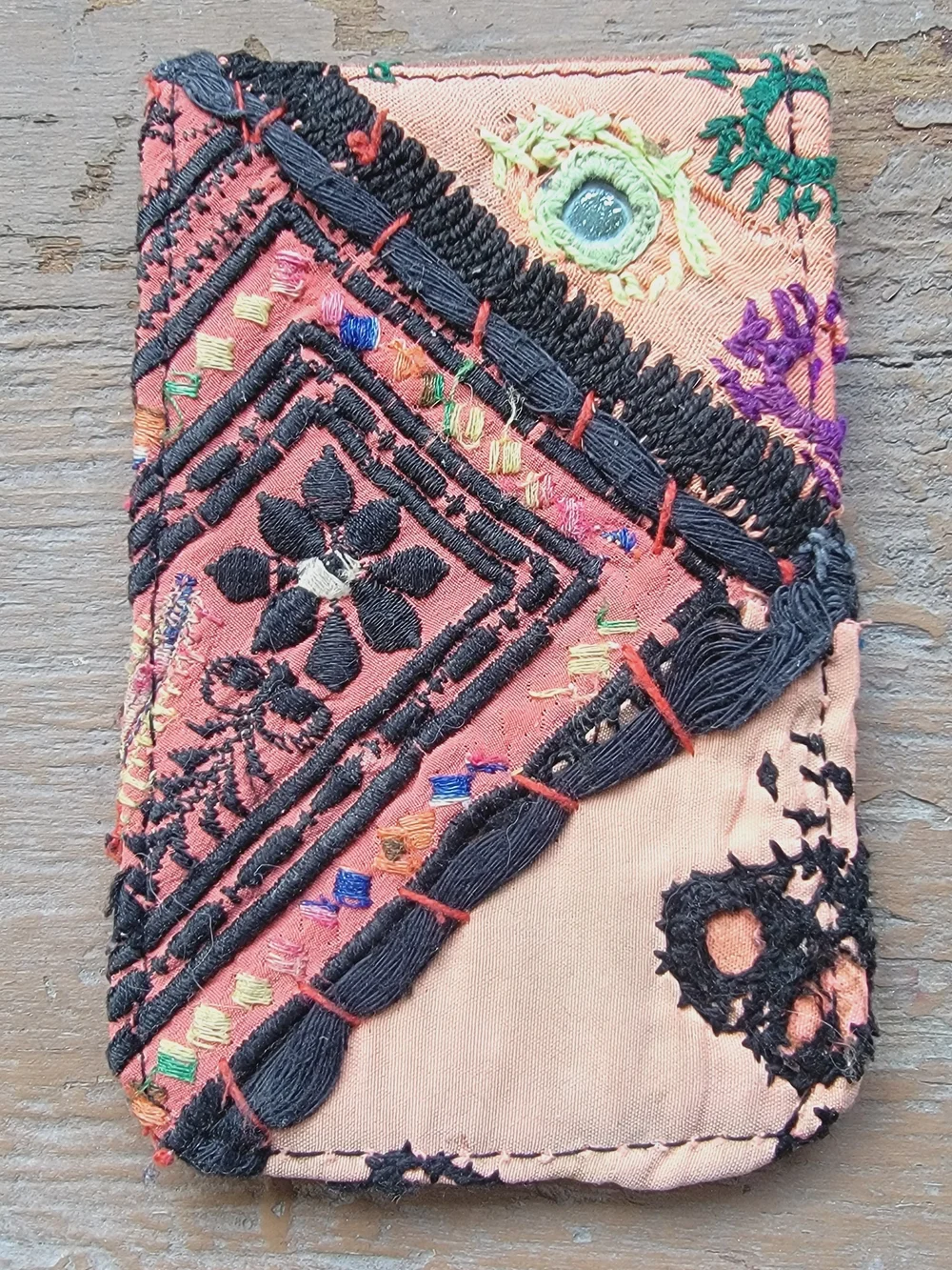 Free People embroidered banjara boho repurposed vtg leather wallet card case